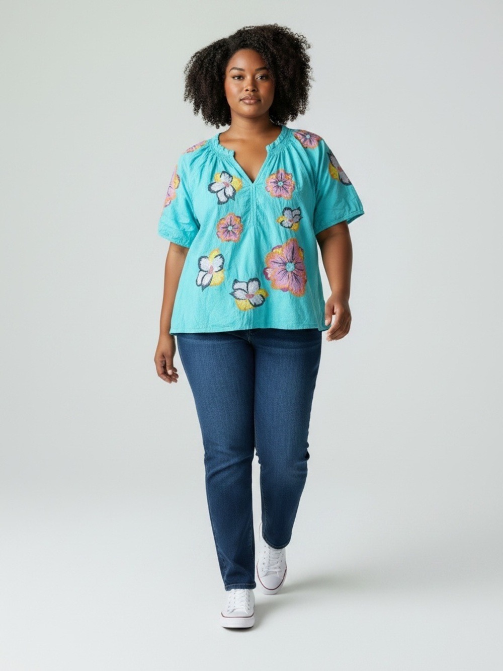 Cato Floral Embroidered Peasant Top Turquoise Plus Size 22/24 Boho